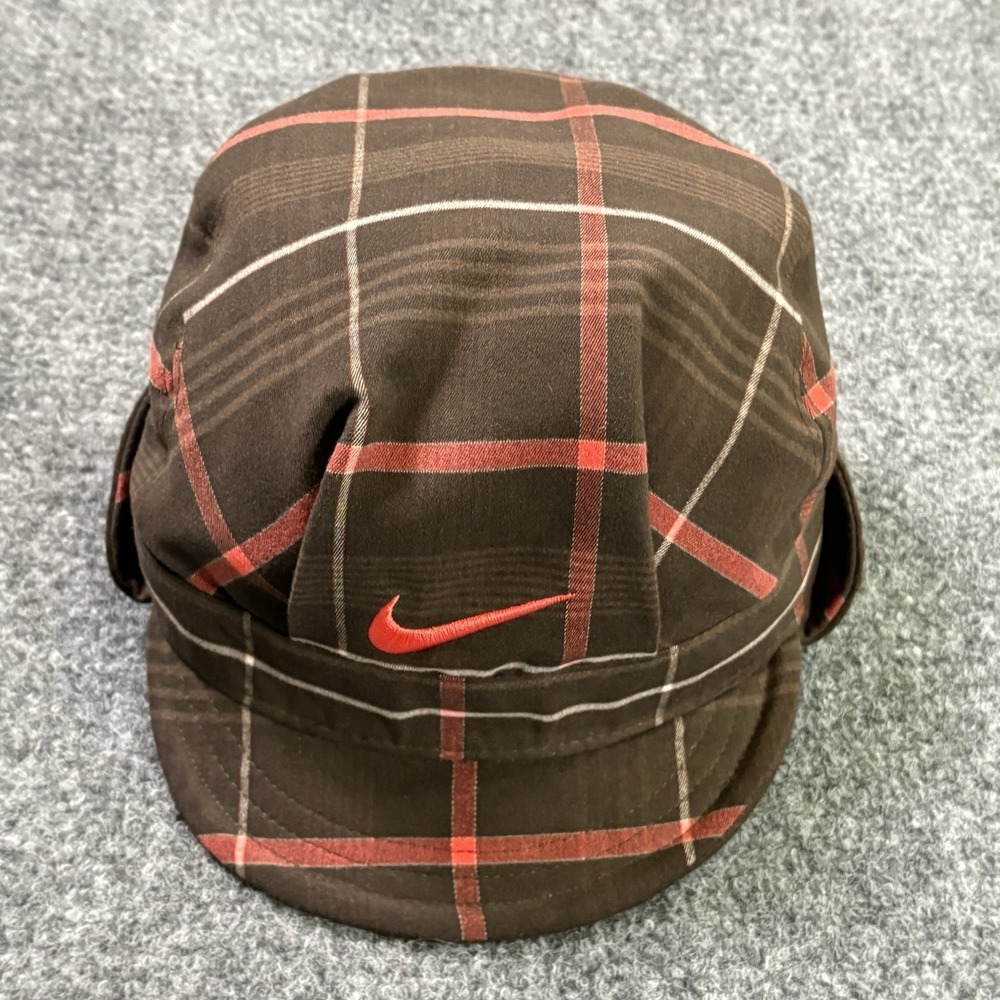 Nike Reversible Bucket Ear Flaps Hat Cap Plaid Red Brown NEW